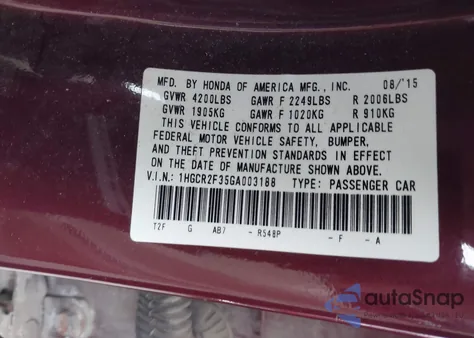 2016 Honda Accord Lx из США, поврежденный, VIN 1HGCR2F35GA003188